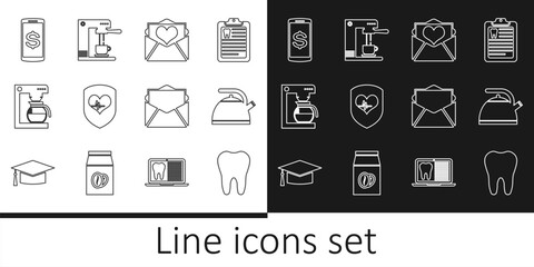 Poster - Set line Tooth, Kettle with handle, Envelope Valentine heart, Shield rate, Coffee machine pot, Smartphone dollar, Mail e-mail and cup icon. Vector