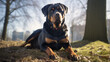 Portrait of a rottweiler dog in an apartment, home interior, love and care, maintenance. Walks