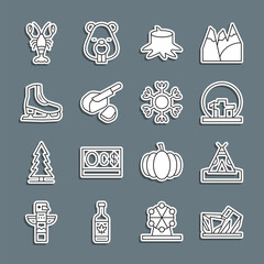 Sticker - Set line Royal Ontario museum, Indian teepee or wigwam, Montreal Biosphere, Tree stump, Peameal bacon, Skates, Lobster and Snowflake icon. Vector