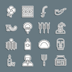 Sticker - Set line Ukrainian house, Thief mask, cossack, Medieval sword, Dumplings on fork, Glass with vodka, Poppy flower and Wheat icon. Vector