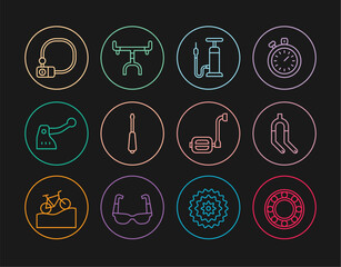 Poster - Set line Bicycle ball bearing, fork, air pump, Screwdriver, brake, lock, pedal and handlebar icon. Vector