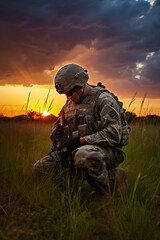 Wall Mural - Photograph of a soldier kneeling after praying at sunrise.