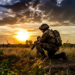 Wall Mural - Photograph of a soldier kneeling after praying at sunrise.