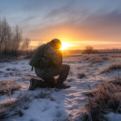 Wall Mural - Photograph of a soldier kneeling after praying at sunrise.