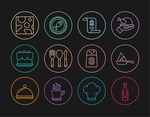 Poster - Set line Wine bottle, Frying pan, Paper or financial check, Fork, spoon and knife, Cake, Cheese, Salt and Served fish plate icon. Vector