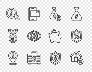 Sticker - Set line Cash location, House with percant discount, Money bag, Briefcase and money, Coin dollar, exchange, Shield and Loan percent icon. Vector