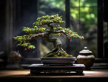 Ancient Bonsai Tree, Hollow Trunk, Placed On A Dark Slate, Diffuse Natural Light Streaming Through A Window, Zen Garden Background