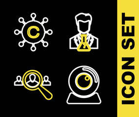 Poster - Set line Scientist and test tube, Web camera, Magnifying glass for search people and Copywriting network icon. Vector