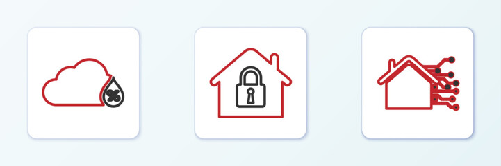 Sticker - Set line Smart home, Humidity and House under protection icon. Vector