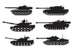 Set of silhouettes of military tanks war clash army conflict for design