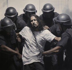 Wall Mural - A painting of a man being taken away by police, AI