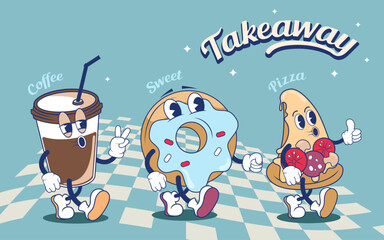 cartoon funny groovy character , coffee and fast food design in groovy retro style, banner for food takeaway