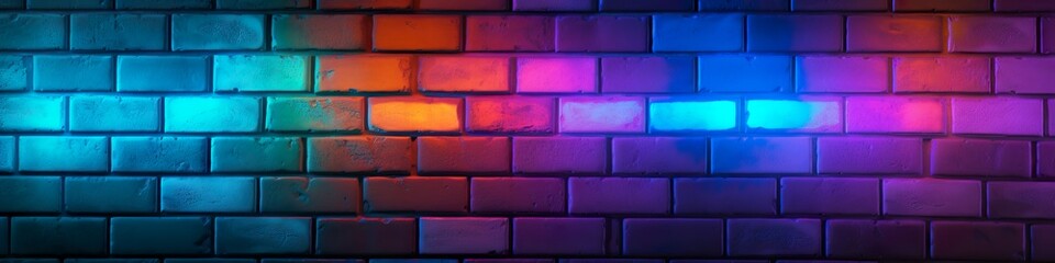 Wall Mural - Panaroma brick wall in neon lights made with Ai generative technology