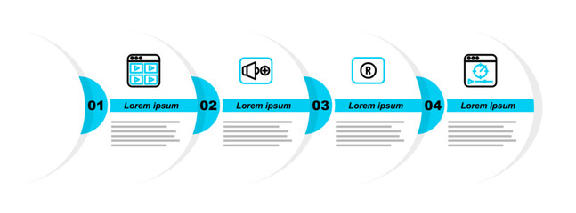 Poster - Set line Online play video, Record button, Speaker volume and Music playlist icon. Vector