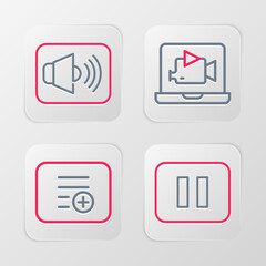 Poster - Set line Pause button, Add playlist, Online video and Speaker volume icon. Vector