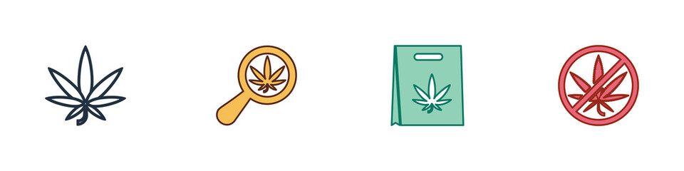 Wall Mural - Set Marijuana or cannabis leaf, Magnifying glass and marijuana, Shopping bag of and Stop icon. Vector