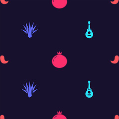 Wall Mural - Set Mexican guitar, Agave, Tomato and Mustache on seamless pattern. Vector