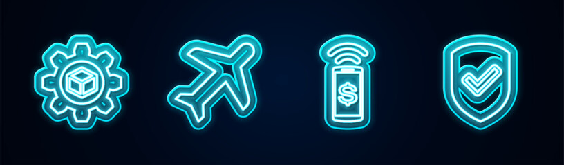 Canvas Print - Set line Product development, Plane, Contactless payment and Shield with check mark. Glowing neon icon. Vector