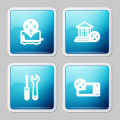 Sticker - Set line Toaster service, Bank building, Screwdriver and wrench and Microwave oven icon. Vector