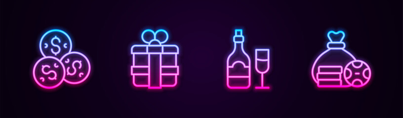 Wall Mural - Set line Casino chip with dollar, Gift box, Champagne bottle glass and Money bag. Glowing neon icon. Vector