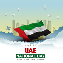 Happy National Day UAE. 3d Flag With Flying Pigeon. Vector Illustration Design