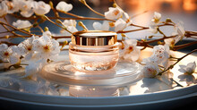 Luxury Cream Or Cosmetic Jar On A Marble With White Flowers. Fragrances And Luxury Beauty Products. Product Display, 3d And Copy Space.