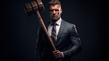 Poster -  a man in a suit and tie holding a hammer in one hand and a wooden mallet in the other.  generative ai