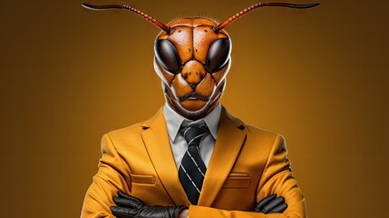  a man in a yellow suit with horns on his head wearing a yellow jacket and black tie with his arms crossed.  generative ai