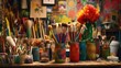 Paints and brushes of the artist on the table