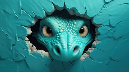 Wall Mural -  a close up of a dinosaur's face through a hole in a piece of blue paper that looks like it's coming out of a dinosaur's mouth.  generative ai