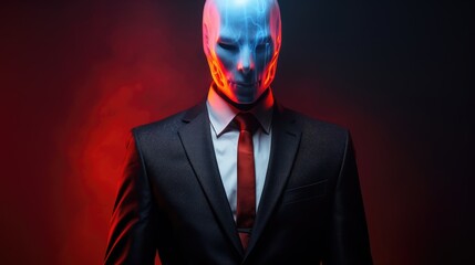 Poster -  a man wearing a suit and tie with a glowing mask on his head and a red tie on his chest.  generative ai