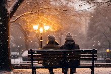 Back View Of Senior Couple Sitting On A Bench In A Winter Park With Snow. High Quality Photo