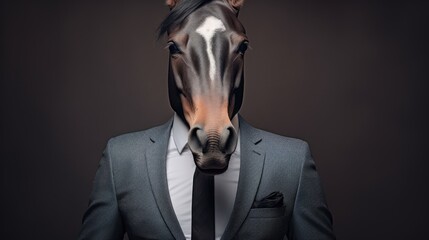 Wall Mural -  a man wearing a suit and tie with a horse's face painted on it's face in front of a black background.  generative ai