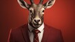  a close up of a goat wearing a suit and tie with horns on it's head and a red background.  generative ai