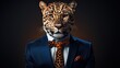  a close up of a person wearing a suit and tie with a leopard print on the front of the suit.  generative ai