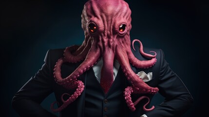 Wall Mural -  a man in a suit and tie with an octopus mask on his face and his hands in his pockets, standing in front of a dark background.  generative ai