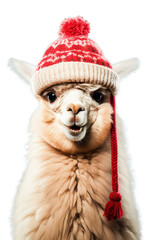 Wall Mural - Isolated cute smile alpaca wearing red santa hat
