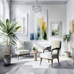 Wall Mural - Artistic haven, White walls, a gallery of paintings, and sculptural furniture for creative inspiration.