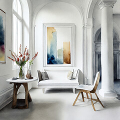Wall Mural - Artistic haven, White walls, a gallery of paintings, and sculptural furniture for creative inspiration.