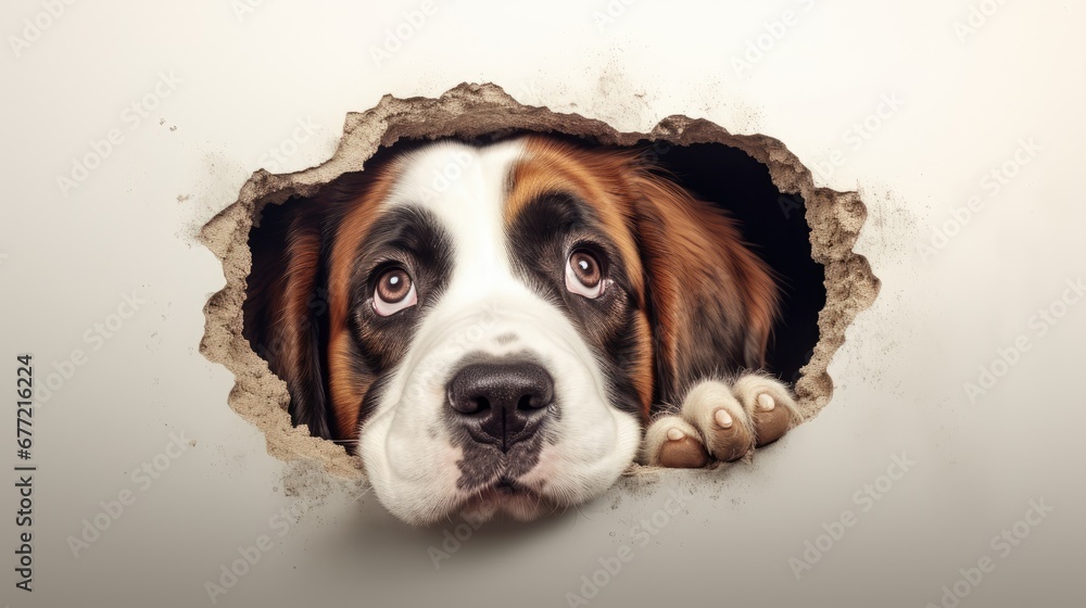 a close up of a dog's face peeking out of a hole in a wall with his paw ...
