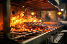 Close Up Of Burning Grill Meat For Dinner In The Oven In Background Of Modern Restaurant. Cooking Concept Of Food And Dish.
