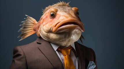 Sticker -  a man in a suit and tie with a fish's head on his jacket and a tie on his lapel.  generative ai