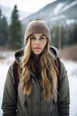 Wall Mural - a young woman, winter walk in mountains in casual clothing. With empty copy space