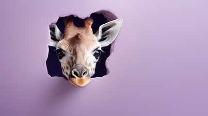 Canvas Print -  a close up of a giraffe's face through a hole in a purple wall with a purple background.  generative ai