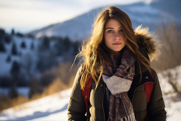 Wall Mural - a young woman, winter walk in mountains in casual clothing. With empty copy space