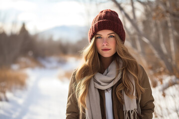 Wall Mural - a young woman, winter walk in mountains in casual clothing. With empty copy space