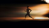 Fototapeta  - woman jogger, long exposure and deep distance move blur, copy space, 16:9