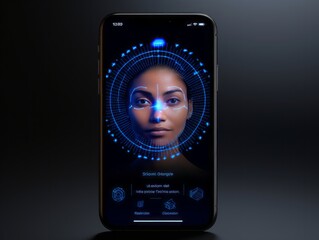 Aufkleber - Innovative Security: Explore a Product Mockup for an App Showcasing Cutting-Edge Technology with Facial Scan and Biometric Fingerprint Icons, Redefining Digital Authentication and User Interface