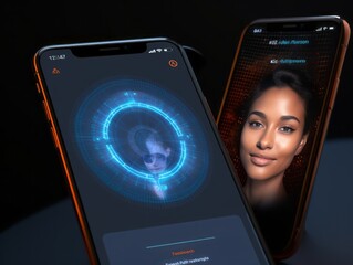 Aufkleber - Innovative Security: Explore a Product Mockup for an App Showcasing Cutting-Edge Technology with Facial Scan and Biometric Fingerprint Icons, Redefining Digital Authentication and User Interface