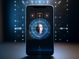 Aufkleber - Innovative Security: Explore a Product Mockup for an App Showcasing Cutting-Edge Technology with Facial Scan and Biometric Fingerprint Icons, Redefining Digital Authentication and User Interface